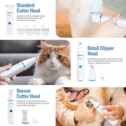 3-in-1 Dog Grooming Clippers Kit - Rechargeable Low Noise Pet Trimmer Set with Paw Trimmer, Cordless Nail Grinder, Shaver for Small Dogs & Cats - Includes 4 Guide Combs & USB Cable