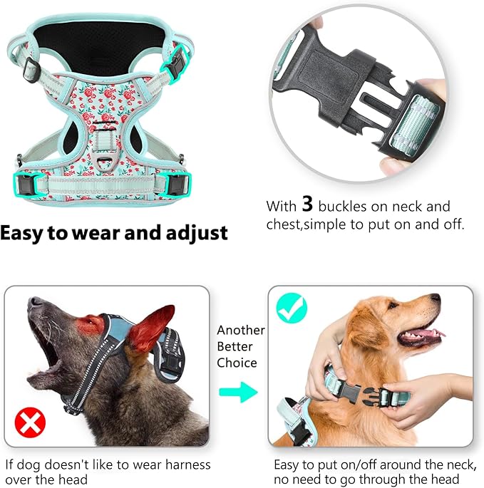 Timos Dog Harness, 3 Snap Buckles No-Pull Soft Padded Dog Vest with 2 Metal Leash Clips,Adjustable Reflective No Choke Pet Harness with Easy Control Handle for Small Dogs,Cyan,S
