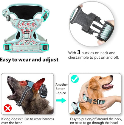 Timos Dog Harness, No-Pull Pet Harness with 2 Leash Clips, 3 Snap Buckles Adjustable Soft Padded Dog Vest, Reflective No-Choke Pet Oxford Vest with Easy Control Handle for Small Medium Large Dogs