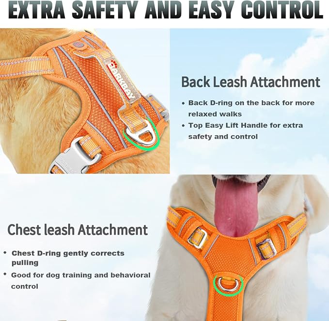 BARKBAY No Pull Dog Harness Large Reflective Dog Harness with Front Clip and Easy Control Handle for Walking Training Running with ID tag Pocket(Orange,S)