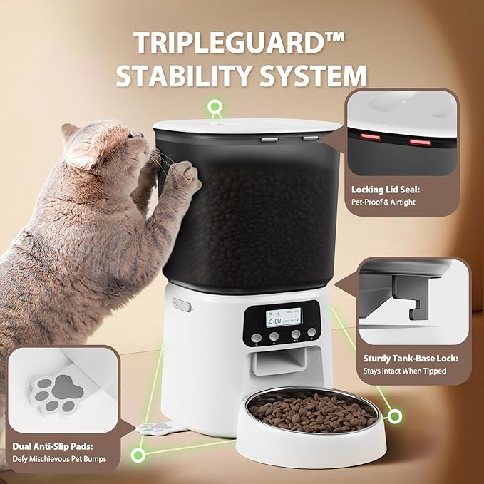 Automatic Cat Feeder, 4L Timed Dry Food Dispenser with Stainless Steel Bowl, Pet Food Feeder for Cats & Small Dogs, Programmable for 6 Meals & 30 Portions Per Day, 10S Voice Record, Dual Power, White