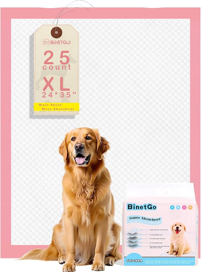 BinetGo Pink Disposable Pee Pads for Dogs, 25 Count 24” x 35.5” X-Large Wee Wee Pads for Dogs Urine, Extra Absorbent Unscented Puppy Pads, Pet Training Pad for Dog, Pink Doggy Pee Pads for Indoors