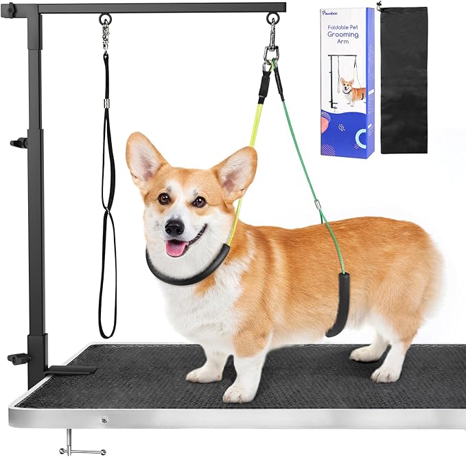 Pawaboo Pet Grooming Arm with Clamp, Dog-Grooming-Arm Dog Grooming Stand and Free Two No Sit Haunch Holder with Grooming Loop, Foldable Dog Grooming Arm for Small Medium Pet
