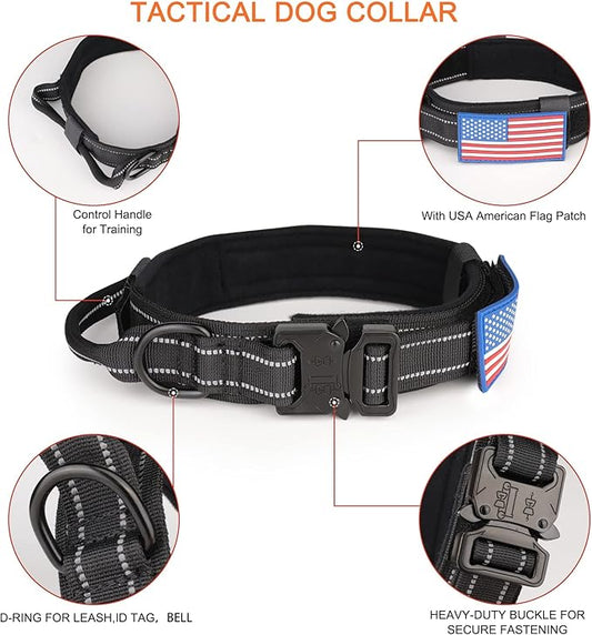 KCUCOP Tactical Dog Collar, Heavy Duty Dog Collar with Handle and Metal Buckle, Military Thick Dog Collars for Medium and Large Dogs(Black-Reflective Set-M, 1 Patch)