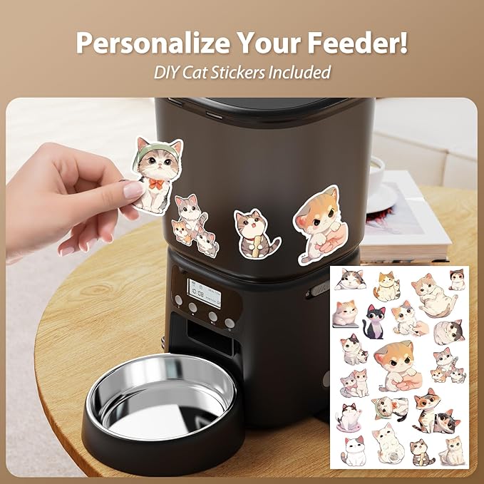 Automatic Cat Feeder, 4L Timed Dry Food Dispenser with Stainless Steel Bowl, Pet Food Feeder for Cats & Small Dogs, Programmable for 6 Meals & 30 Portions Per Day, 10S Voice Record, Dual Power, Black