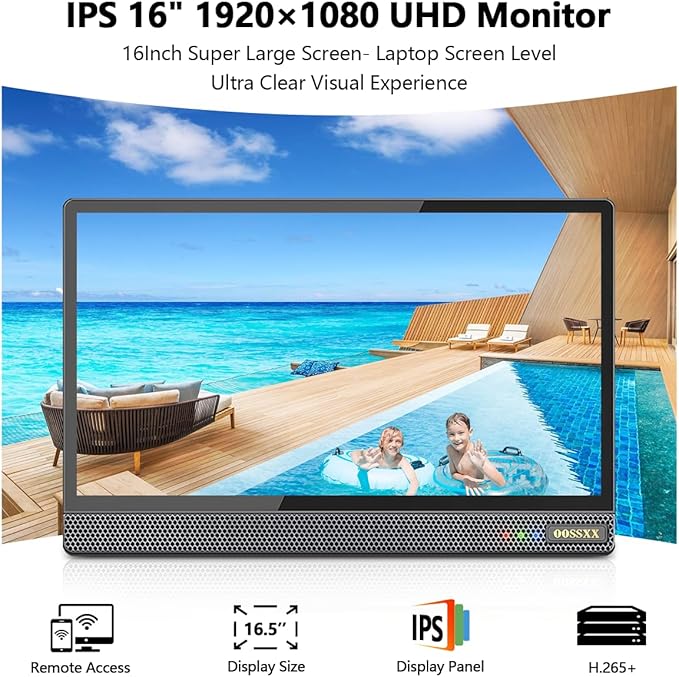 OOSSXX (All-in-One 16" IPS 8MP Monitor) 2-Way Audio PoE Outdoor Home Security Camera System Wired Outdoor Video Surveillance IP Cameras System