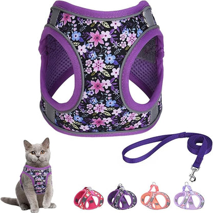 Step-in Dog Harness and Leash Set, Purple, Small/Medium, Floral Pattern, 360-Degree Reflective Design for Low Light Safety