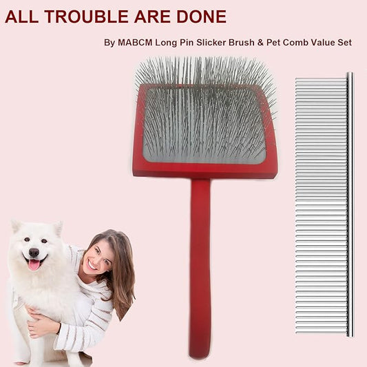 Large Ergonomic Slicker Brush for Dogs & Pets - Extra Long Pin Grooming Brush with Solid Wooden Handle for Poodles, Doodles, and Long-Haired Dogs (red)