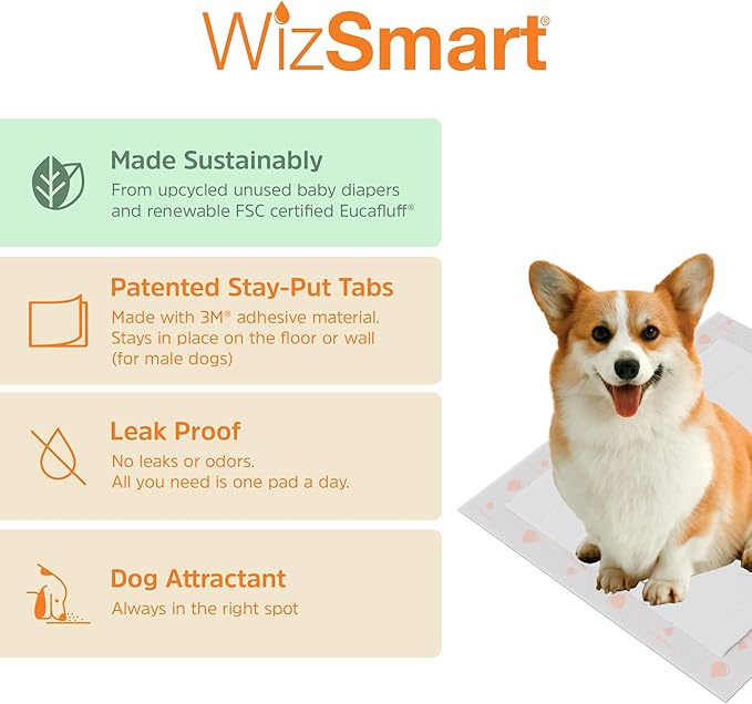 WizSmart Heavyweight Dog Pads – Absorbent, Leak-Proof Pet Training Pads with Stay Put Tabs – Indoor & Outdoor Use for Small Dogs, Crates, Travel – Eco Friendly Upcycled Materials, 50 Count