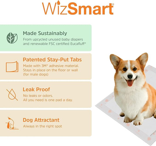 WizSmart Heavyweight Dog Pads – Absorbent, Leak-Proof Pet Training Pads with Stay Put Tabs – Indoor & Outdoor Use for Small Dogs, Crates, Travel – Eco Friendly Upcycled Materials, 50 Count