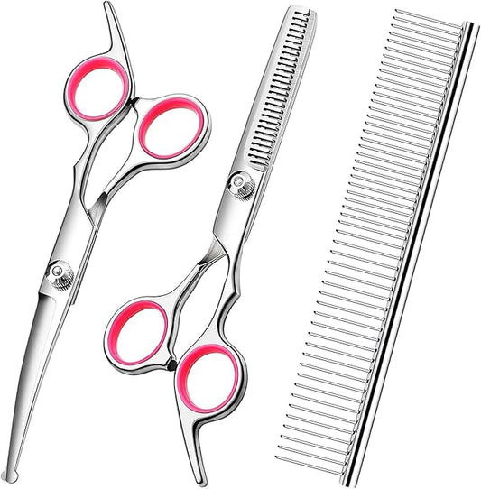 YL TRD Dog Grooming Scissors Kit Hair Cutting Set, 5Pcs Pet trimmer kit, Dog Shears for Grooming, Thinning Shears, Curved Scissors, Grooming Comb for Dogs Rabbits Cats Grooming Tools (Round headed)