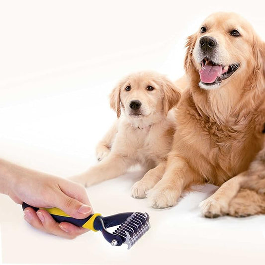 DakPets All-In-One Pet Grooming Tool | Metal Undercoat Rake, Dematting & Detangling Comb, Fur Shedding Blade, and Grooming Brush | For Medium to Long-Haired Pets