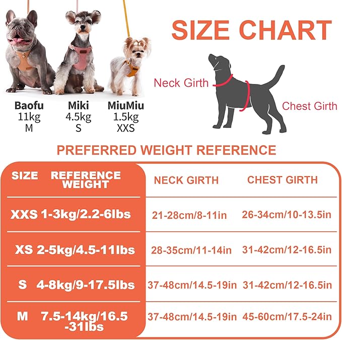 Puppytie No Pull XXS Puppy Harness with Multifunction Dog Leash,Soft Adjustable No Choke Escape Proof Pet Harness Vest,Orange,XXS
