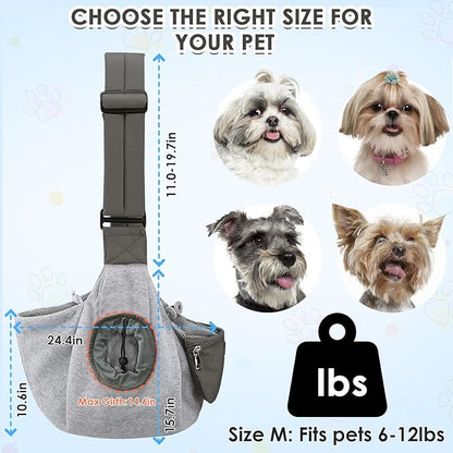 SlowTon Dog Carrier Sling - Puppy Carrier with Window and Storage Pocket Fits up to 12lbs, Dog Sling with Thick Adjustable Shoulder Strap and Safety Leash, Pet Carrier Bag for Small Dogs Cats(Grey M)