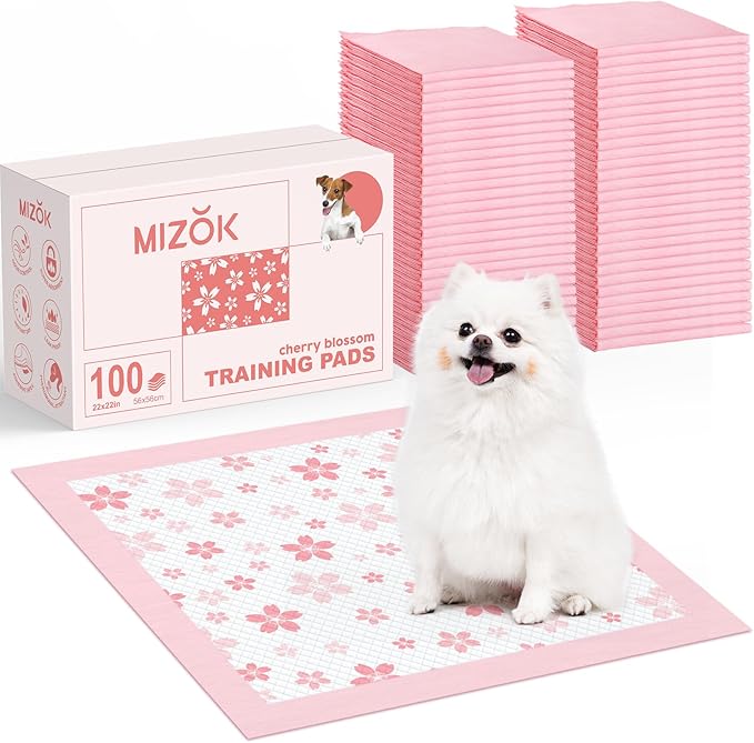 MIZOK Puppy Pads 22"x 22" with Leak-Proof Quick-Dry Design Pee Pads for Dogs Potty Training, 6-Layer Standard Absorbency Dog Pee Pads Regular Size, Pink Cherry Blossom Pattern (100 Counts)