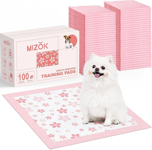 MIZOK Puppy Pads 22"x 22" with Leak-Proof Quick-Dry Design Pee Pads for Dogs Potty Training, 6-Layer Standard Absorbency Dog Pee Pads Regular Size, Pink Cherry Blossom Pattern (100 Counts)