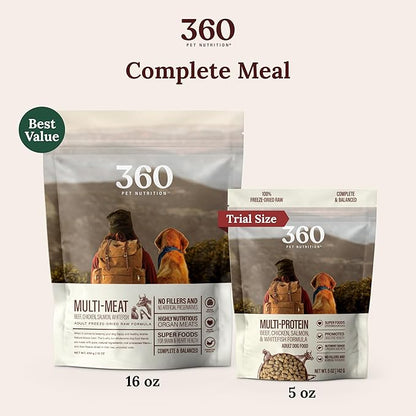 360 Pet Nutrition Raw Freeze-Dried Dog Food, High Protein, Balanced Meal w/Beef, Chicken,Organs, Whitefish, Omega-3, Fruit&Veg, Superfoods, No Fillers, 5 oz Food/Bites/Kibble (Multi Meat) Trial Size