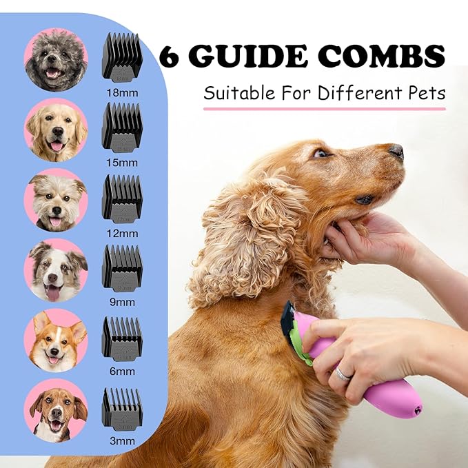 Dog Grooming Clippers - Low Noise Electric Dog Hair Trimmer Cordless Rechargeable Pet Clippers, 3 Speeds Dog Grooming Kit for Small Dogs Cats - Pink