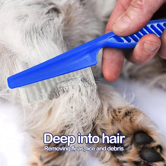 Quacc 4 Different Kinds of Flea Combs, Stainless Steel Round Teeth Dog Cat Lice Combs, Durable Fine Tooth Pet Tear Stain Remover Tool (Blue)