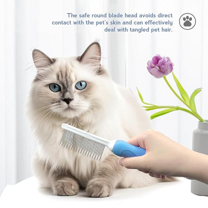 Detangling Pet Comb for Dog & Cat, Grooming Comb with Long & Short Stainless Steel Teeth, Safely Remove Knots & Tangles for Healthy Shiny Coat, Gentle Effective Detangling Tool for Pet Hair (Blue)