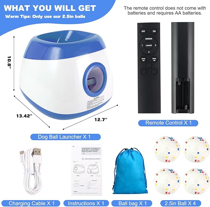 Automatic Ball Launcher for Dogs, 40-80Ft Distance Dog Ball Thrower Launcher, Rechargeable Automatic Dog Balls Launchers with 4 Balls (2.5"), Remote Control Thrower for Medium/Large Dogs (Blue)