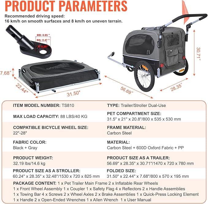 VEVOR Dog Bike Trailer, Supports up to 88 lbs, 2-in-1 Pet Stroller Cart Bicycle Carrier, Easy Folding Cart Frame with Quick Release Wheels, Universal Bicycle Coupler, Reflectors, Flag, Black/Gray