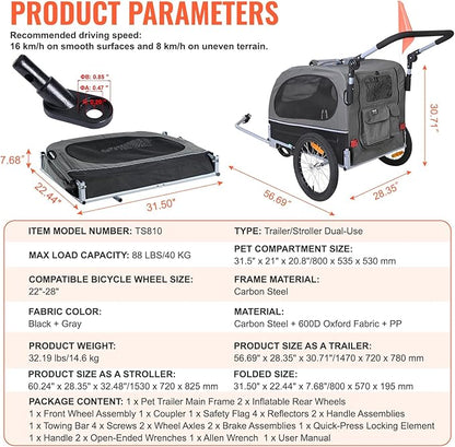 VEVOR Dog Bike Trailer, Supports up to 88 lbs, 2-in-1 Pet Stroller Cart Bicycle Carrier, Easy Folding Cart Frame with Quick Release Wheels, Universal Bicycle Coupler, Reflectors, Flag, Black/Gray