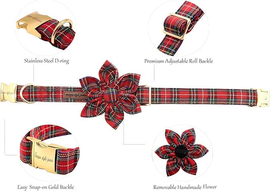 Uniqe Style Paws Christmas Grid Dog Collar, Female or Male Adjustable Dog Collar with Flower, Durable Floral Pattern Pet Collar for X-Small Dogs and Cats