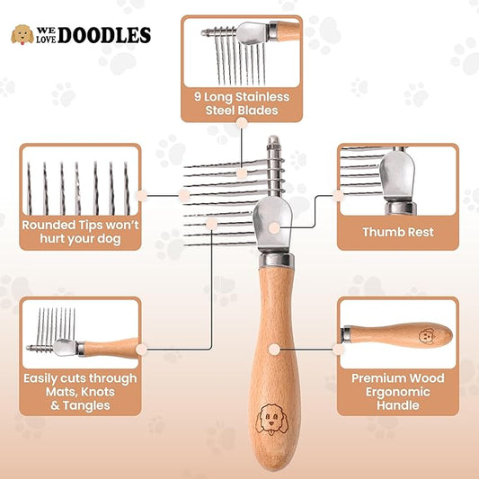 Dog Dematting Brush & Rake, Detangler Brush For Dogs, Comb Tool For Grooming, Best For Doodles, Poodles, Goldendoodles, Cats & Other Pets, Matted Fur Removal On Undercoat [We Love Doodles] (Small)