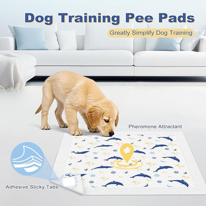 MIZOK Puppy Pads 100 Count, 22"x22" Dolphin Print Dog Pee Pads with Adhesive Tabs, 6-Layer Leak-Proof Super Absorbent, Quick-Dry Disposable