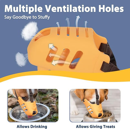 LUCKYPAW Dog Muzzle, Soft Muzzle for Small Medium Dogs Poodle Dachshund, Breathable Silicone Cage Mouth Cover to Prevent Biting and Chewing, Funny Rhino Muzzle with Adjustable Head Strap(Yellow, S)