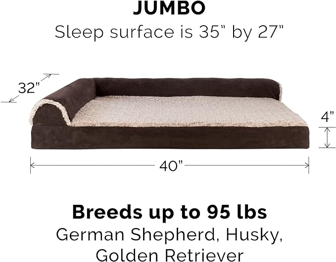 Furhaven Orthopedic Dog Bed for Large Dogs w/ Removable Bolsters & Washable Cover, For Dogs Up to 95 lbs - Two-Tone Plush Faux Fur & Suede L Shaped Chaise - Espresso, Jumbo/XL