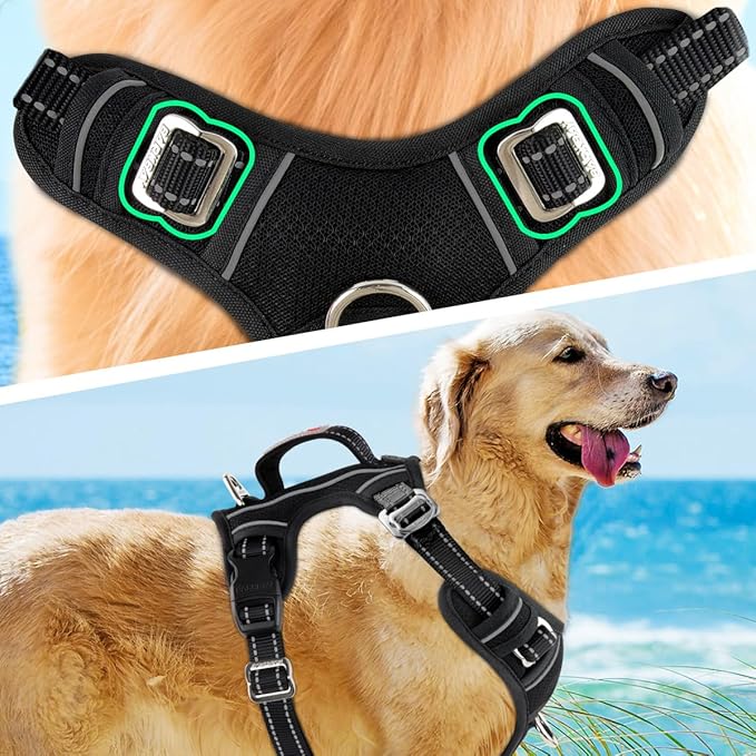BARKBAY No Pull Dog Harness 3 Buckles Large Reflective Dog Harness with Front Clip and Easy Control Handle for Walking Training Running with ID tag Pocket(Black,S)