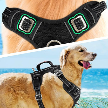BARKBAY No Pull Dog Harness 3 Buckles Large Reflective Dog Harness with Front Clip and Easy Control Handle for Walking Training Running with ID tag Pocket(Black,S)