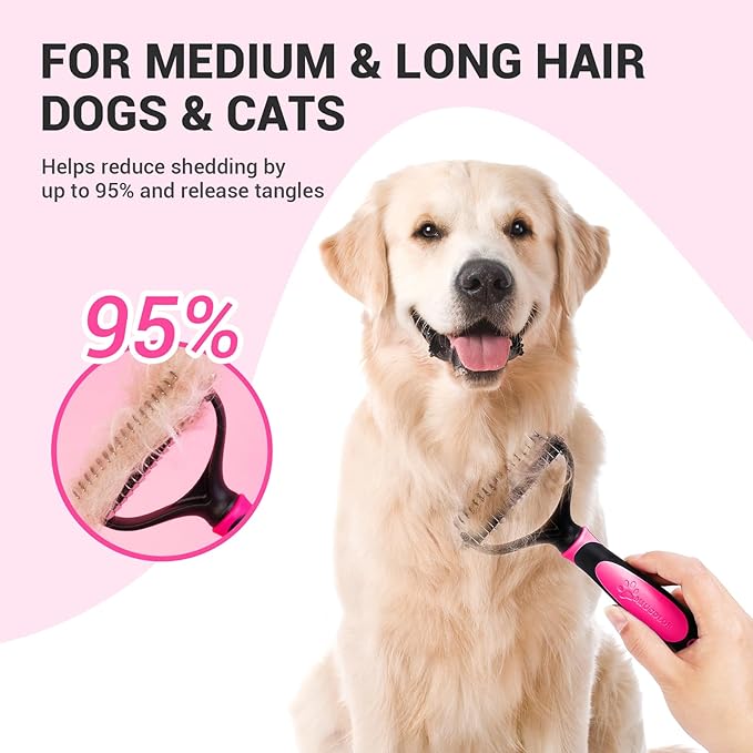 MIU COLOR Pet Grooming Brush, 2 Sided Undercoat Rake for Dogs & Cats, Professional Deshedding Brush and Dematting Tool, Effective Removing Knots, Mats, Tangles for Cats, Dogs, Extra Wide (Pink)