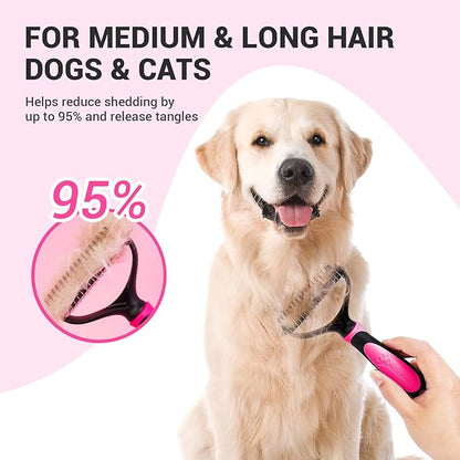 MIU COLOR Pet Grooming Brush, 2 Sided Undercoat Rake for Dogs & Cats, Professional Deshedding Brush and Dematting Tool, Effective Removing Knots, Mats, Tangles for Cats, Dogs, Extra Wide (Pink)