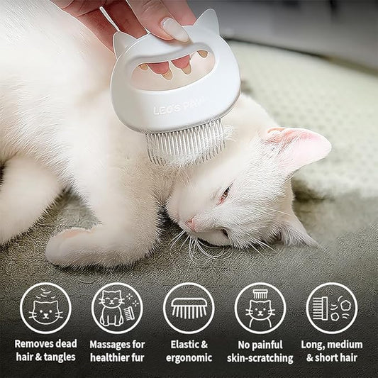 Leo's Paw The Original Pet Hair Removal Massaging Shell Comb Soft Deshedding Brush Grooming and Shedding Matted Fur Remover Dematting tool for Long and Short Hair Cat Dog Puppy Bunny (White)