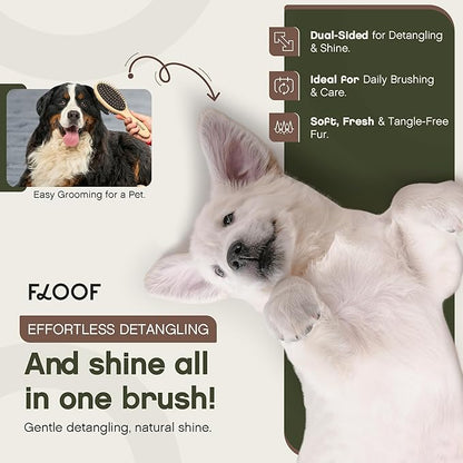 Floof Double-Sided Pet Brush,Metallic Pins & Vegan Boar Bristles for Long & Short Haired Dogs and Cats | Premium Wooden Handle for Comfort | Eco-Friendly Deshedding,Gentle Detangling,& Easy to Clean