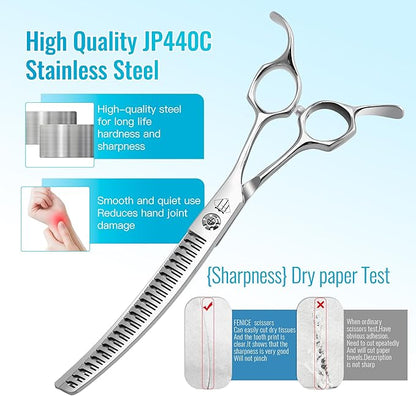 Professional Curved Thinning Scissors for Dog Grooming, 30-Degree Curvature, Japanese 440C for Trimming Dogs Cats and Other Pets face and paws (Curved Natural)