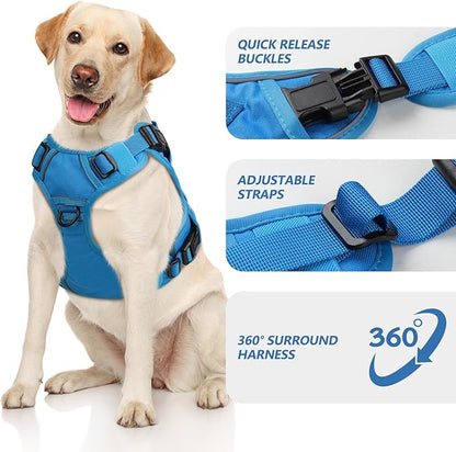 WINGOIN Blue Tactical Dog Harness for Large Dogs, Heavy Duty No Pull Dog Harness with Handle, Adjustable Reflective Military K9 Big Pet Vest for Husky, Doberman, Walking, Training, Hunting (XL)