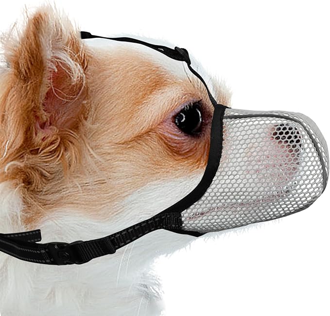 Dog Muzzle, Breathable Soft Muzzle for Extra Small Dogs to Anti & Prevent Barking Biting Chewing, Reflective & Adjustable Basket Muzzle with Air Mesh for Dachshund Grey XS