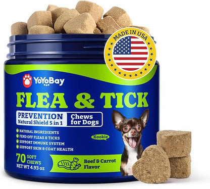 Flea & Tick Prevention for Dogs Chewables, Natural Dog Flea and Tick Control Treatment, Oral Flea Pills, Dogs Supplement, Natural Shield 5-in-1 Protection, Beef & Carrot Flavor, 70 Soft Chews