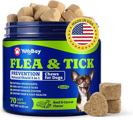 Flea & Tick Prevention for Dogs Chewables, Natural Dog Flea and Tick Control Treatment, Oral Flea Pills, Dogs Supplement, Natural Shield 5-in-1 Protection, Beef & Carrot Flavor, 70 Soft Chews
