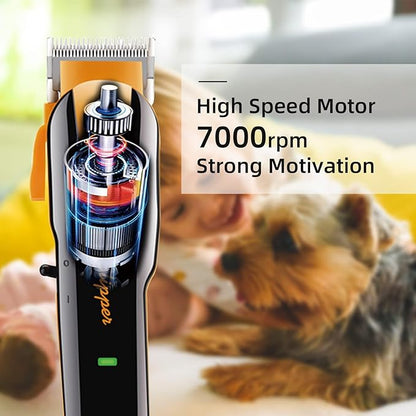 Dog Clippers for Grooming Carbon Steel Blades Dog Grooming Kit Motor High-Power 7000rpm Professional Clippers for Thick Heavy Rechargeable Cordless Shaver Shears