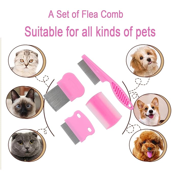 Flea Comb 4-Pieces-Pink with High Strength Teeth Pet Tear Stain Remover Combs, Dog Cat Grooming Set Effective Float Hair Remover