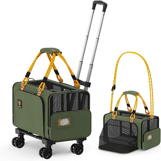 PAWZIDEA Expandable Pet Carrier with Wheels, 18X11X11 TSA Airline Approved Cat Carrier w/ID Card for 2 Cats, Small Dog Carrier Car Seat Travel Bag, Shoulder Strap as Dog Leash