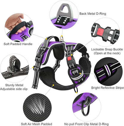 Timos Dog Harness Medium Sized, No Pull with Neck Lockable Snap,No Choke Front Clip Dog Reflective Harness,Adjustable Metal Rings 3 Buckles,Easy Control Handle for Medium Dogs Purple M