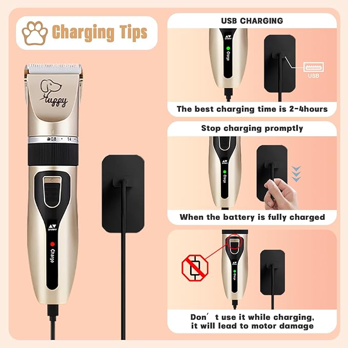 Dog Hair Clippers for Pet Grooming Kit Paw Trimmer Nail Grinder for Grooming Waterproof/Low Noise Rechargeable Cordless Dog Clippers for Pet Cats Dogs