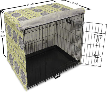 Lunarable Bohemian Mandala Dog Crate Cover, Floral Sun Motif on Brush Drawn Stripes with Dots, Easy to Use Pet Kennel Cover for Cats & Medium Dogs, 24 Inch, Night Blue Yellow