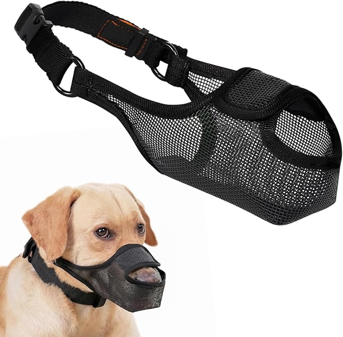 LUCKYPAW Dog Muzzle, Mesh Muzzle for Large Medium Small Dogs with Front Opening Design, Dog Mouth Cover to Prevent Biting, Licking, Chewing, Scavenging, Breathable Pet Muzzle Allows Drinking(Black,L)